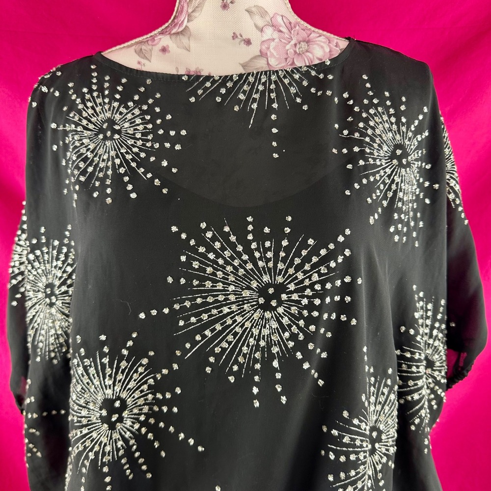 Vintage Silver Glitter Fireworks Black Sheer Short Sleeve Party‎ Top Glances